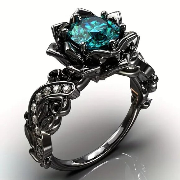 Vintage Floral-Inspired Elegant Faux Aquamarine Ring w Crystal Accents Size 7 - Picture 1 of 1